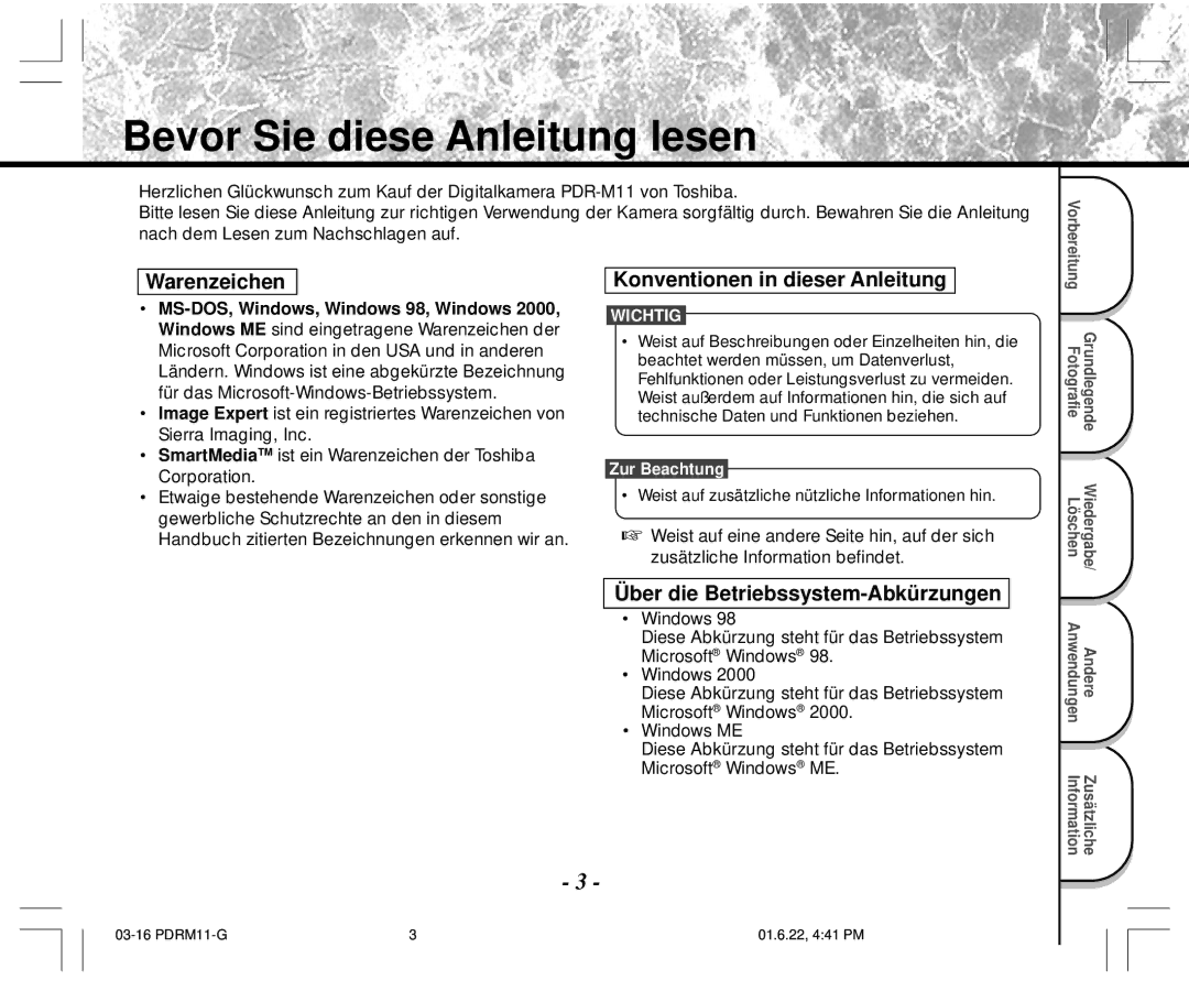 Toshiba PDR-M11 instruction manual Bevor Sie diese Anleitung lesen, Warenzeichen, Über die Betriebssystem-Abkürzungen 