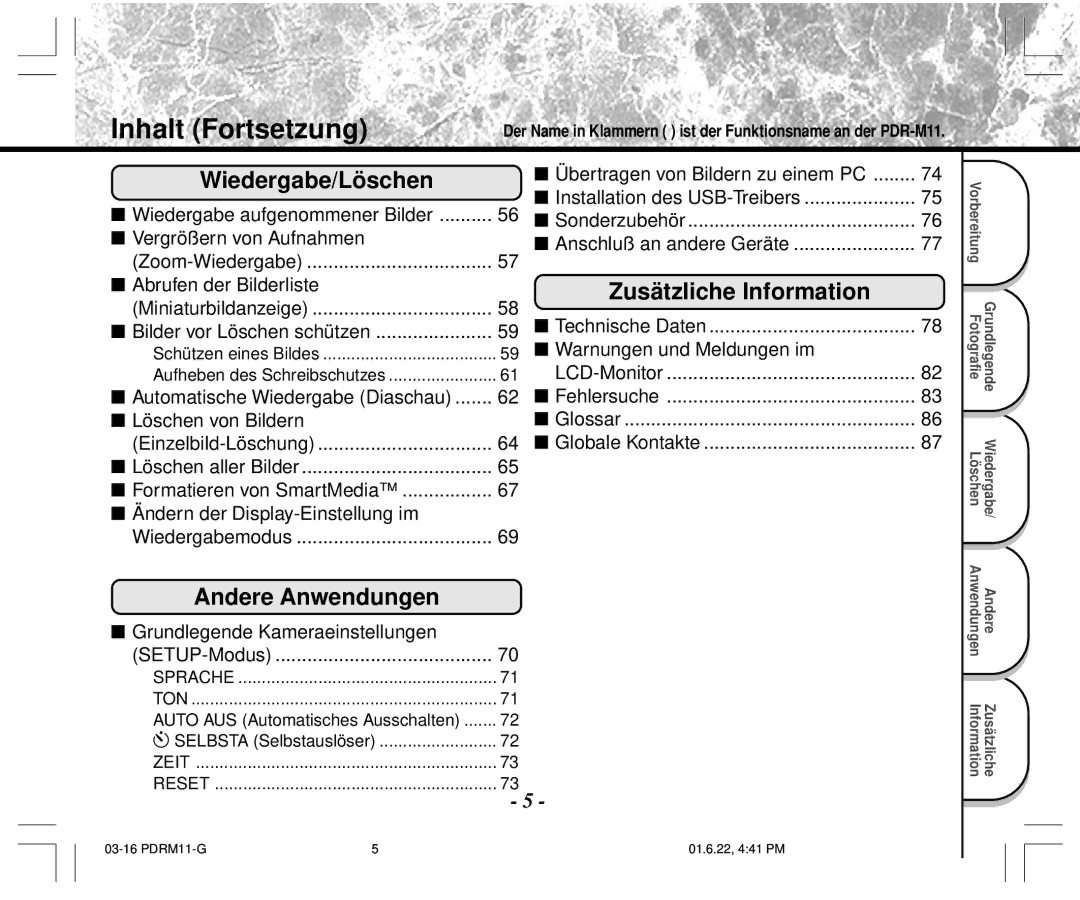 Toshiba PDR-M11 instruction manual Inhalt Fortsetzung, Wiedergabe/Löschen 