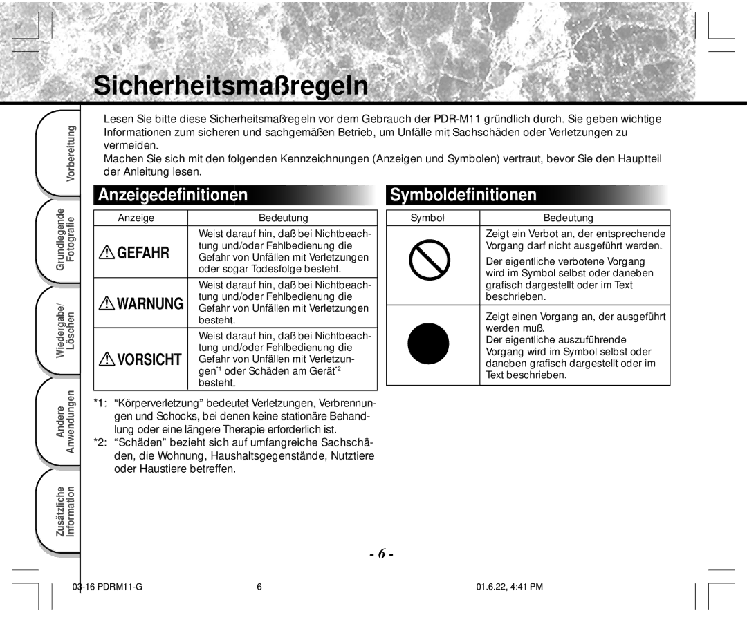 Toshiba PDR-M11 instruction manual Sicherheitsmaßregeln, AnzeigedefinitionenSymboldefinitionen 