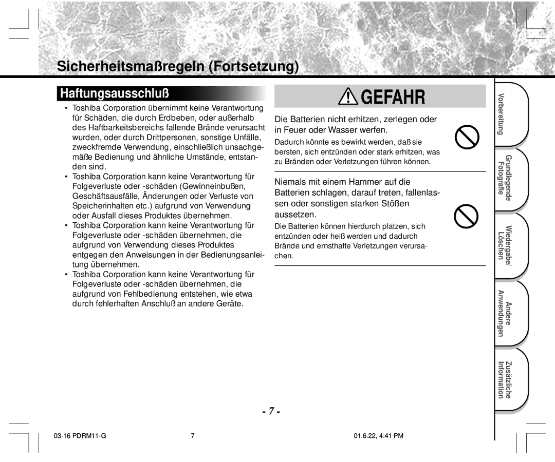 Toshiba PDR-M11 instruction manual Sicherheitsmaßregeln Fortsetzung, Haftungsausschluß 