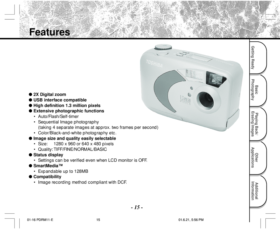 Toshiba PDR-M11 instruction manual Features, Compatibility 