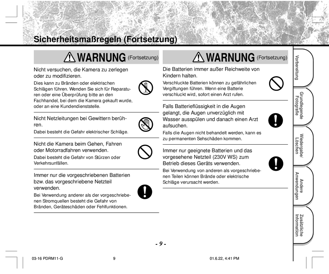 Toshiba PDR-M11 instruction manual Nicht Netzleitungen bei Gewittern berüh- ren 