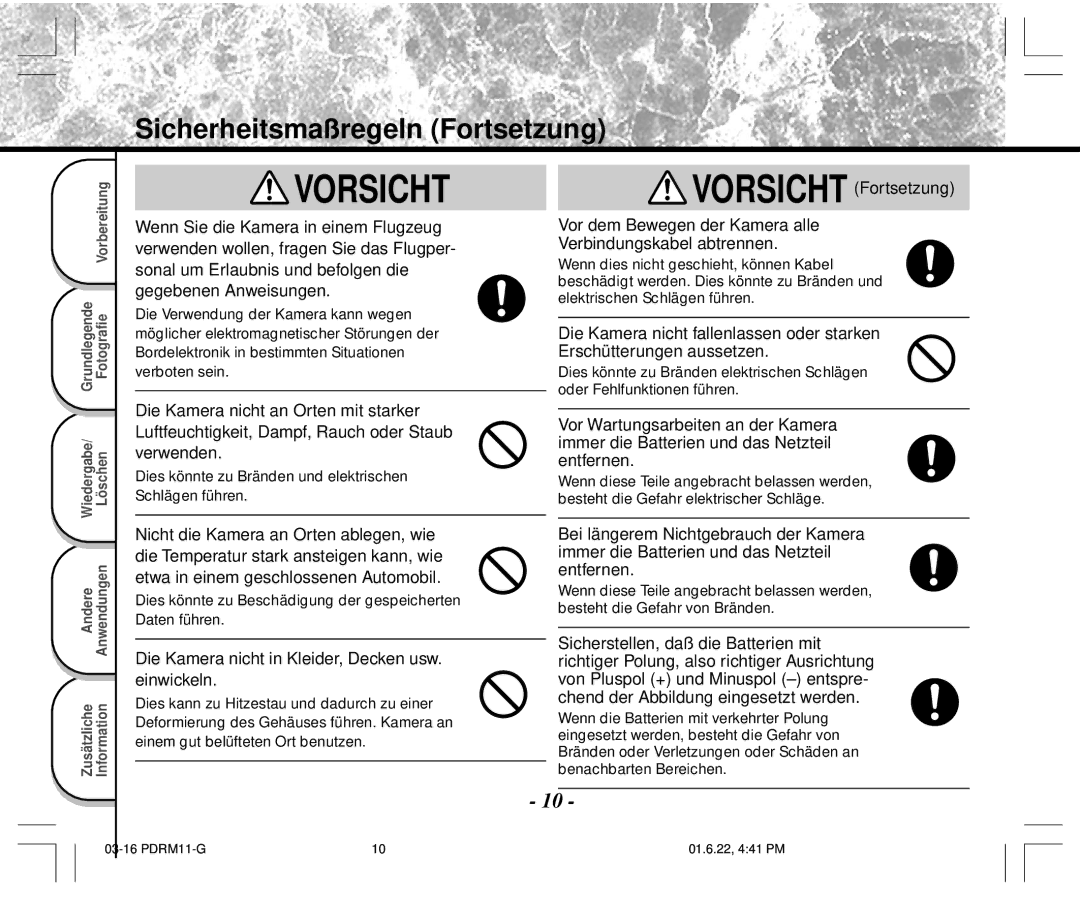 Toshiba PDR-M11 instruction manual Vorsicht 