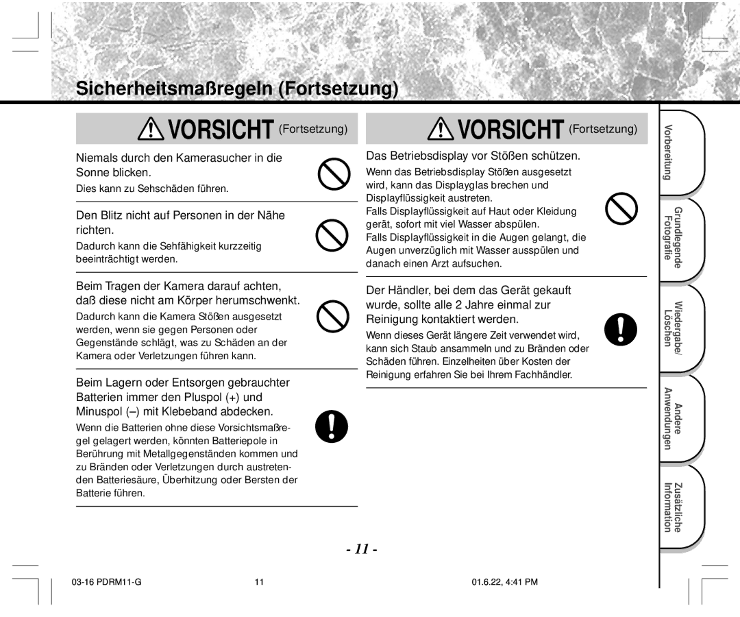 Toshiba PDR-M11 instruction manual Den Blitz nicht auf Personen in der Nähe richten 