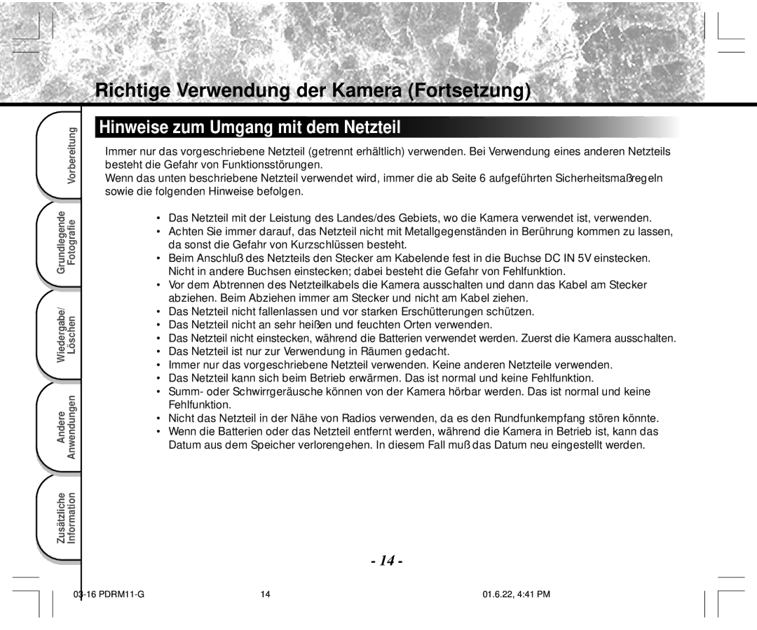 Toshiba PDR-M11 instruction manual Hinweise zum Umgang mit dem Netzteil 