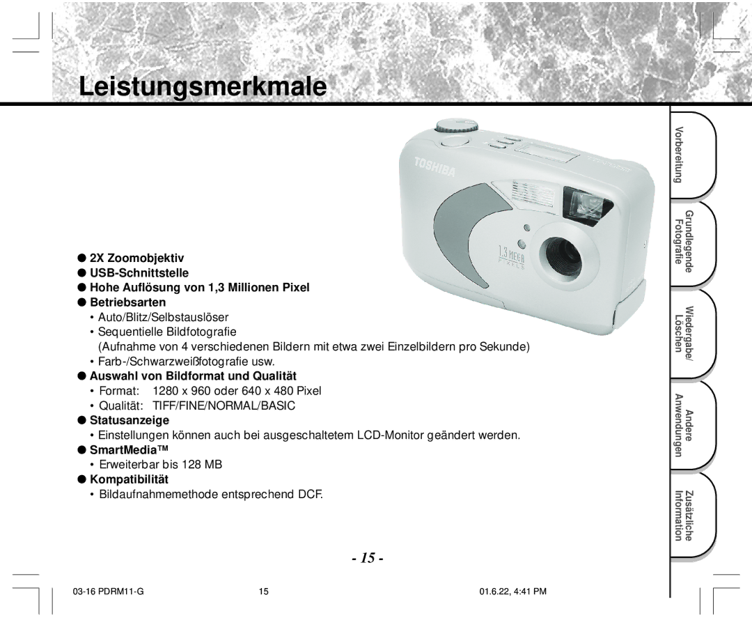 Toshiba PDR-M11 instruction manual Leistungsmerkmale, Kompatibilität 