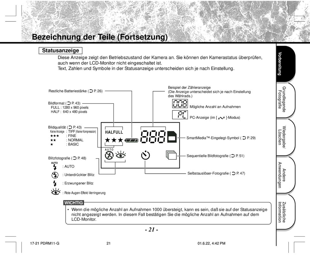 Toshiba PDR-M11 instruction manual Statusanzeige 