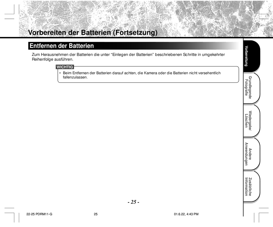 Toshiba PDR-M11 instruction manual Entfernen der Batterien 