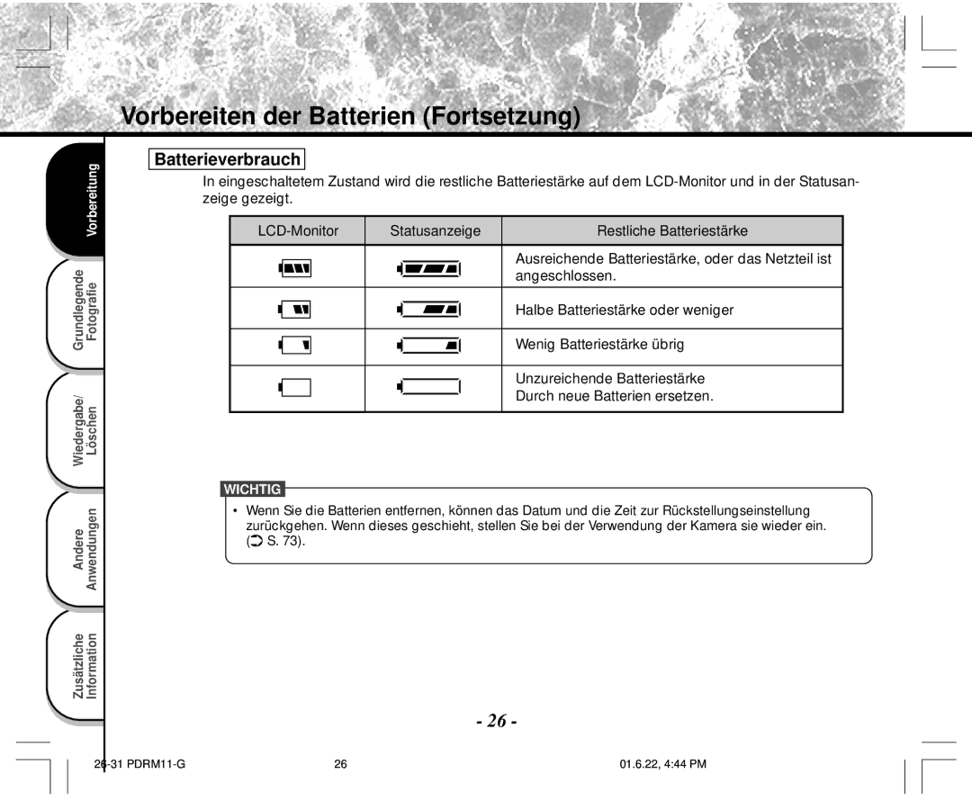 Toshiba PDR-M11 instruction manual Batterieverbrauch 