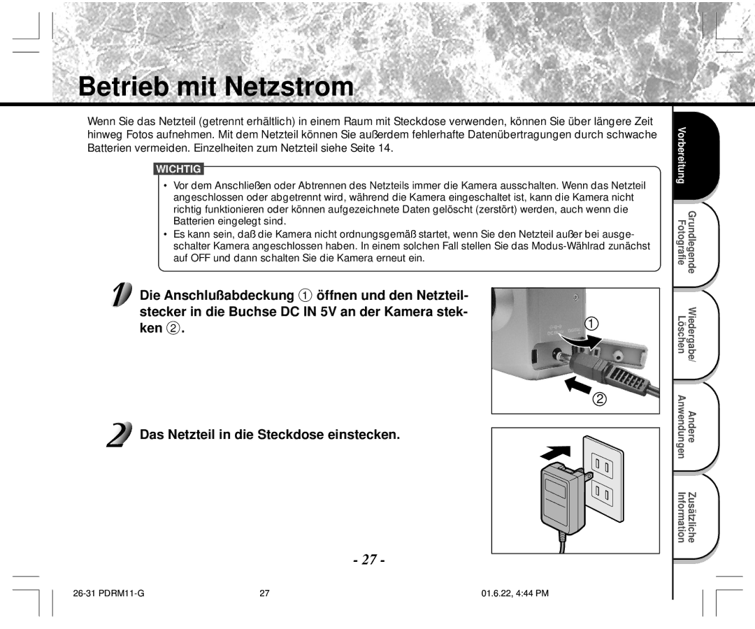 Toshiba PDR-M11 instruction manual Betrieb mit Netzstrom 