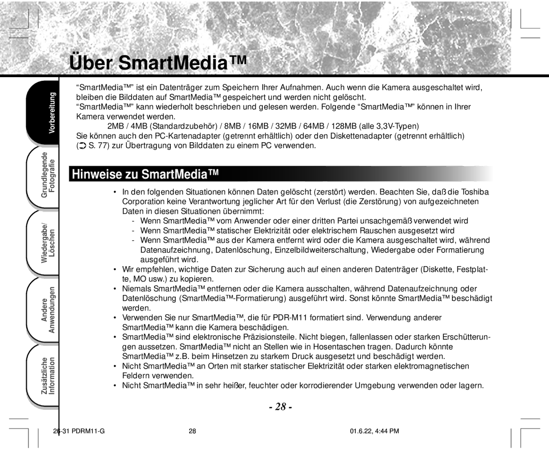 Toshiba PDR-M11 instruction manual Über SmartMedia, Hinweise zu SmartMedia 