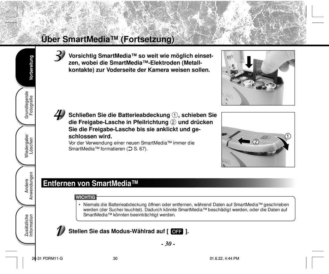 Toshiba PDR-M11 instruction manual Entfernen von SmartMedia, Stellen Sie das Modus-Wählrad auf 