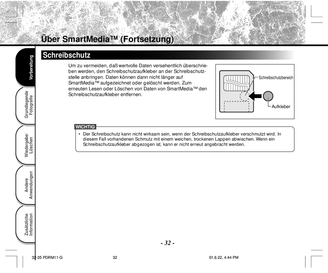 Toshiba PDR-M11 instruction manual Schreibschutz 