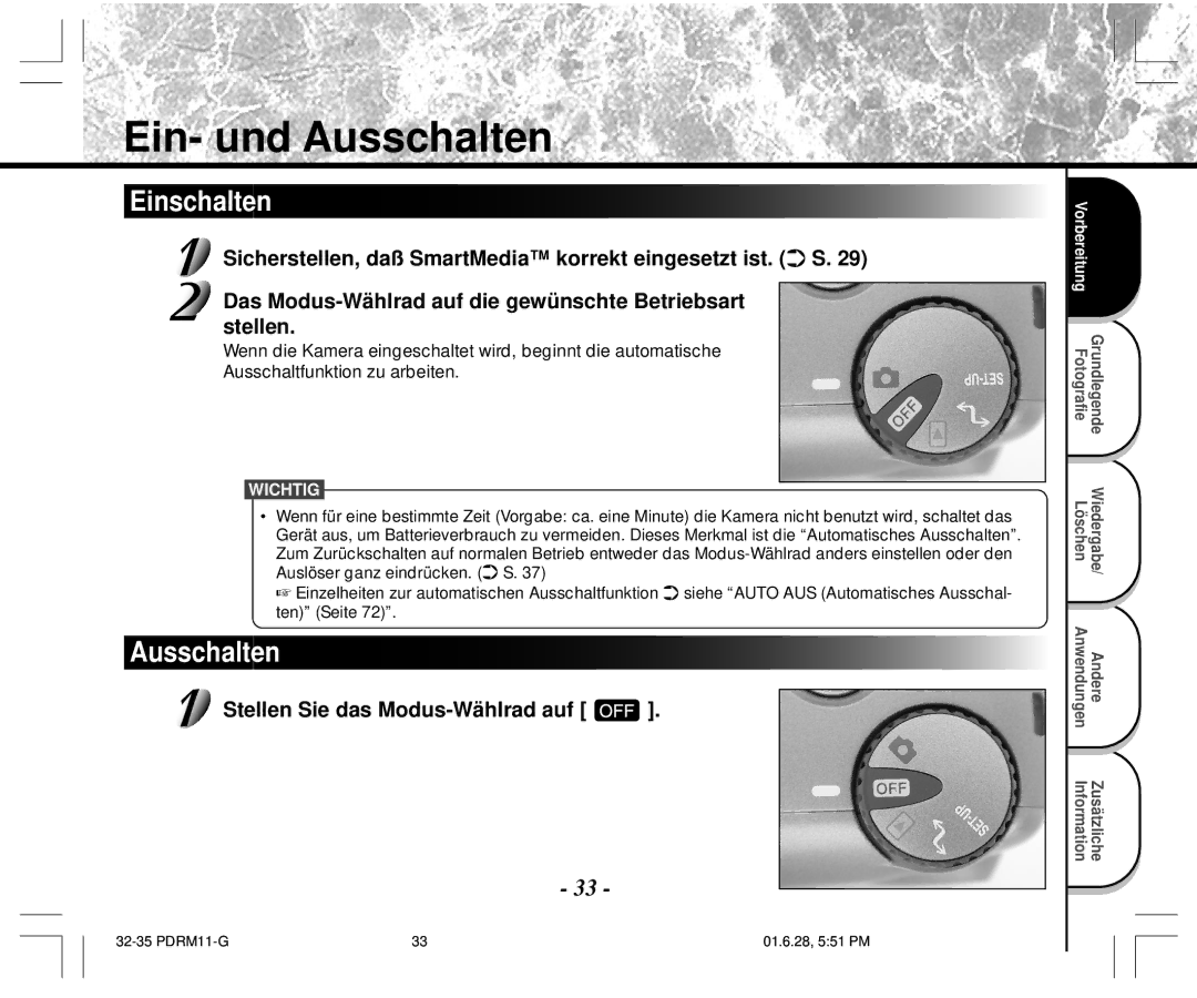 Toshiba PDR-M11 instruction manual Ein- und Ausschalten, Einschalten 