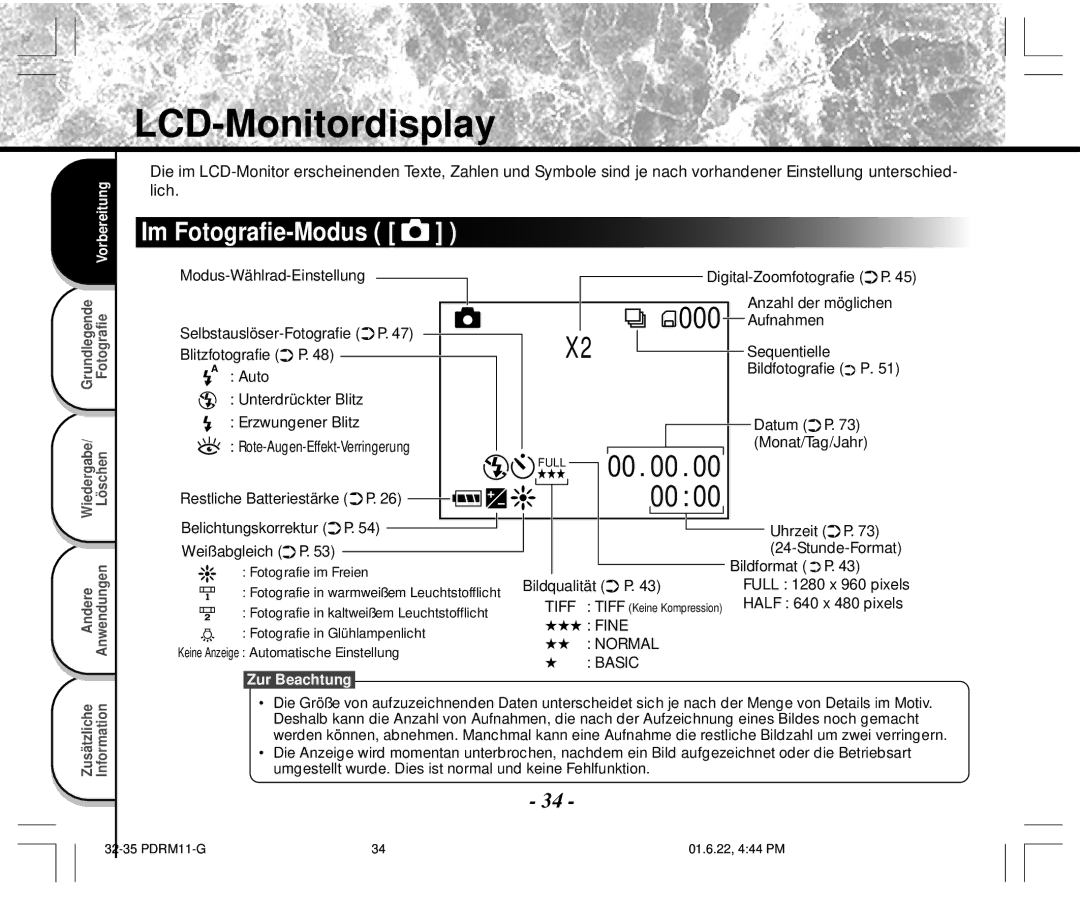 Toshiba PDR-M11 instruction manual LCD-Monitordisplay, Im Fotografie-Modus 