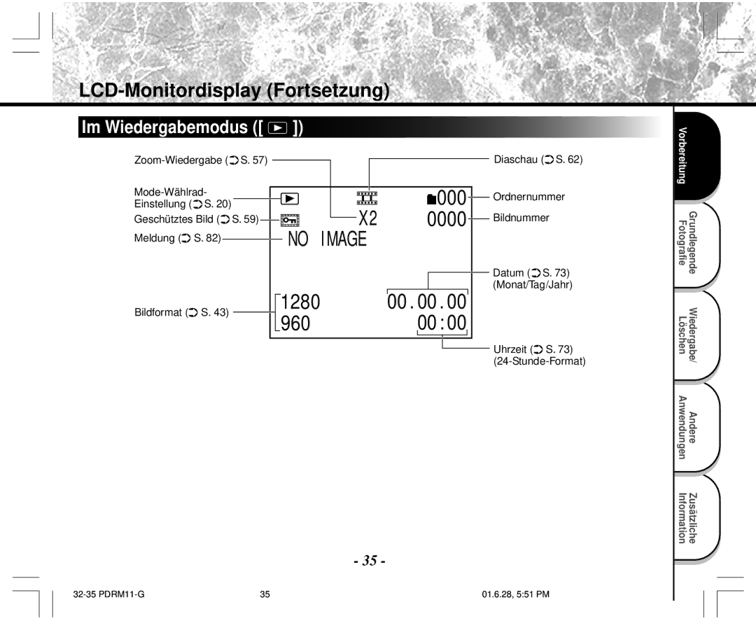 Toshiba PDR-M11 instruction manual LCD-Monitordisplay Fortsetzung, Im Wiedergabemodus, Zoom-Wiedergabe S Mode-Wählrad 