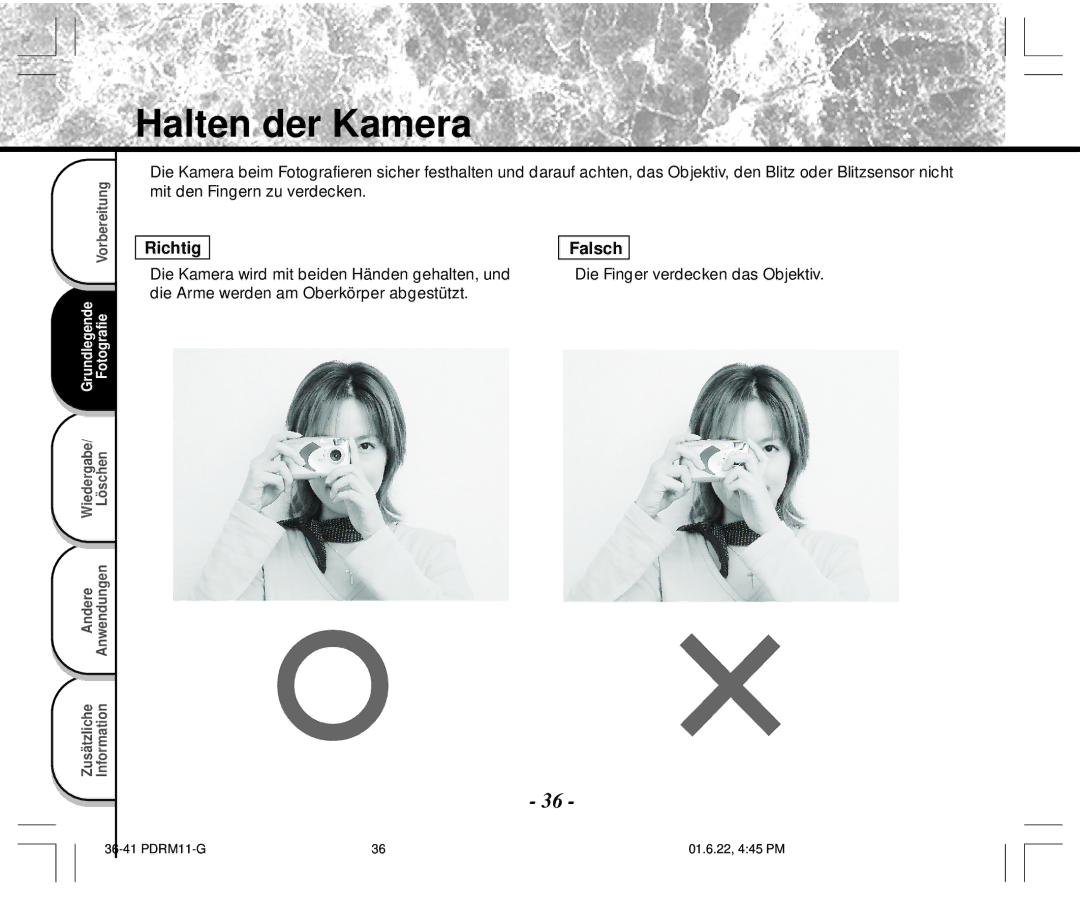 Toshiba PDR-M11 instruction manual Halten der Kamera, Die Kamera wird mit beiden Händen gehalten, und 