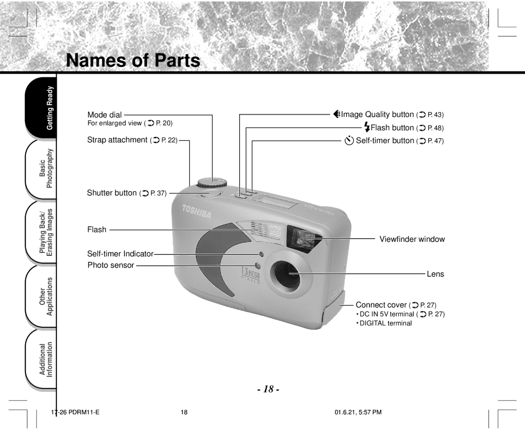 Toshiba PDR-M11 instruction manual Names of Parts, Image Quality button P, Viewfinder window Lens Connect cover P 