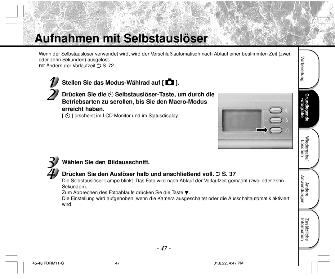 Toshiba PDR-M11 instruction manual Aufnahmen mit Selbstauslöser, Erscheint im LCD-Monitor und im Statusdisplay 