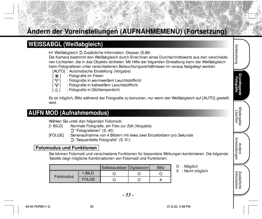 Toshiba PDR-M11 Ändern der Voreinstellungen Aufnahmemenü Fortsetzung, Weissabgl Weißabgleich, Aufn MOD Aufnahmemodus 