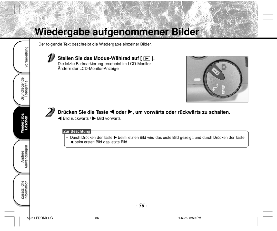 Toshiba PDR-M11 instruction manual Wiedergabe aufgenommener Bilder, Bild rückwärts / Bild vorwärts 