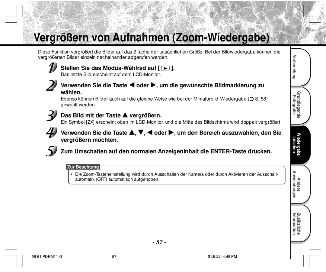 Toshiba PDR-M11 instruction manual Das Bild mit der Taste vergrößern, Das letzte Bild erscheint auf dem LCD-Monitor 