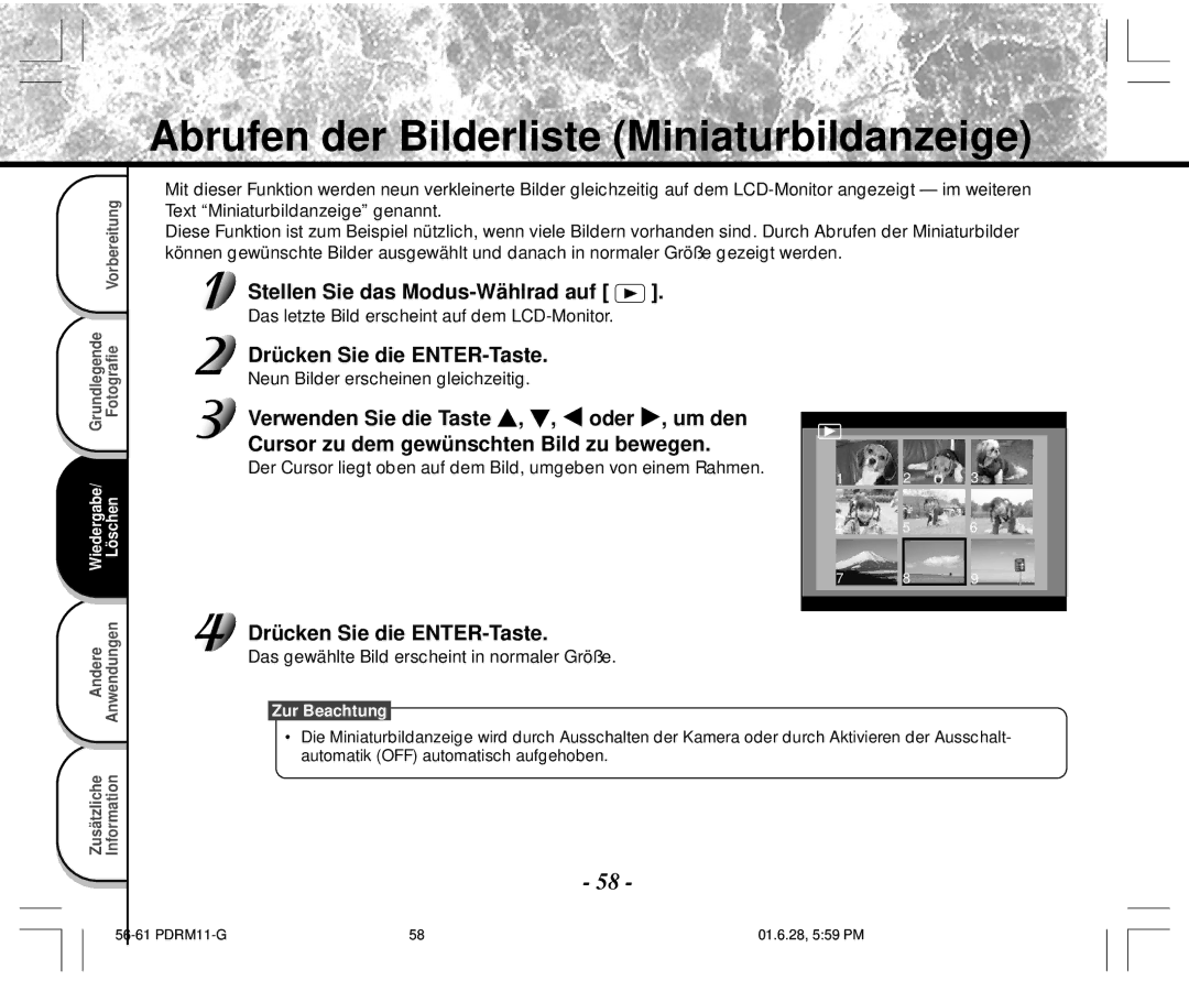 Toshiba PDR-M11 instruction manual Abrufen der Bilderliste Miniaturbildanzeige, Drücken Sie die ENTER-Taste 