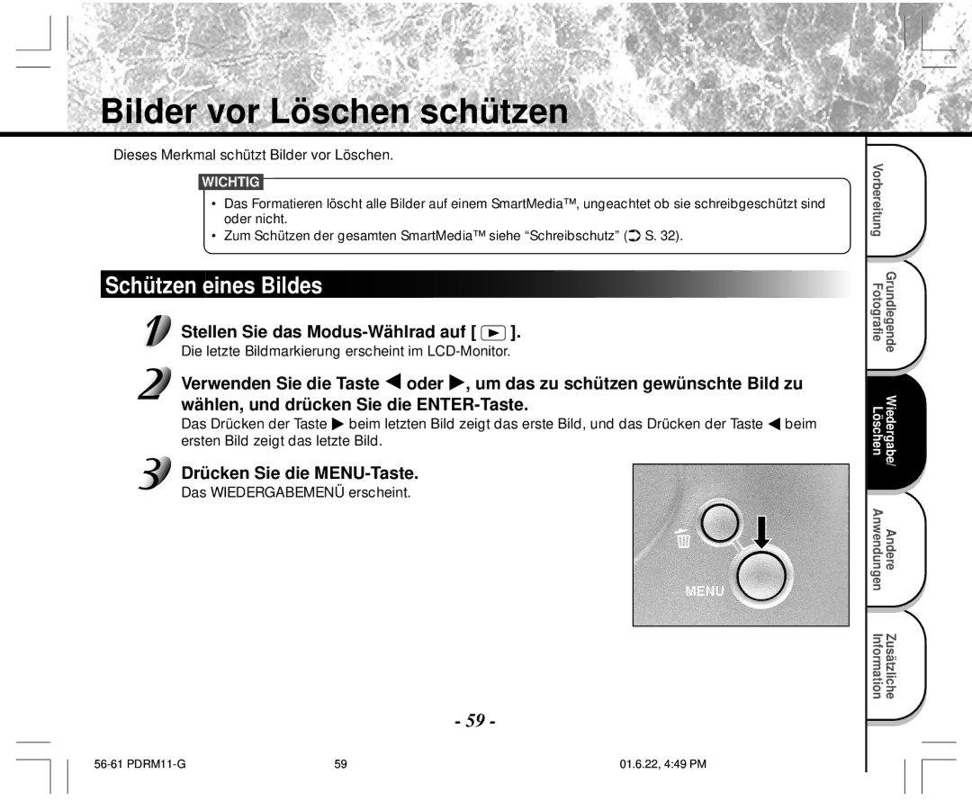 Toshiba PDR-M11 Bilder vor Löschen schützen, Schützen eines Bildes, Dieses Merkmal schützt Bilder vor Löschen 