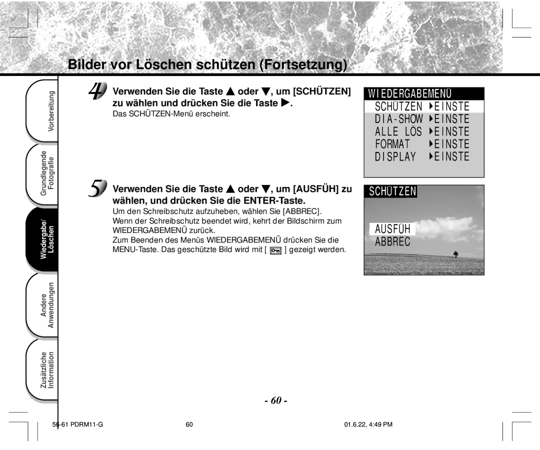 Toshiba PDR-M11 instruction manual Bilder vor Löschen schützen Fortsetzung, Das SCHÜTZEN-Menü erscheint 