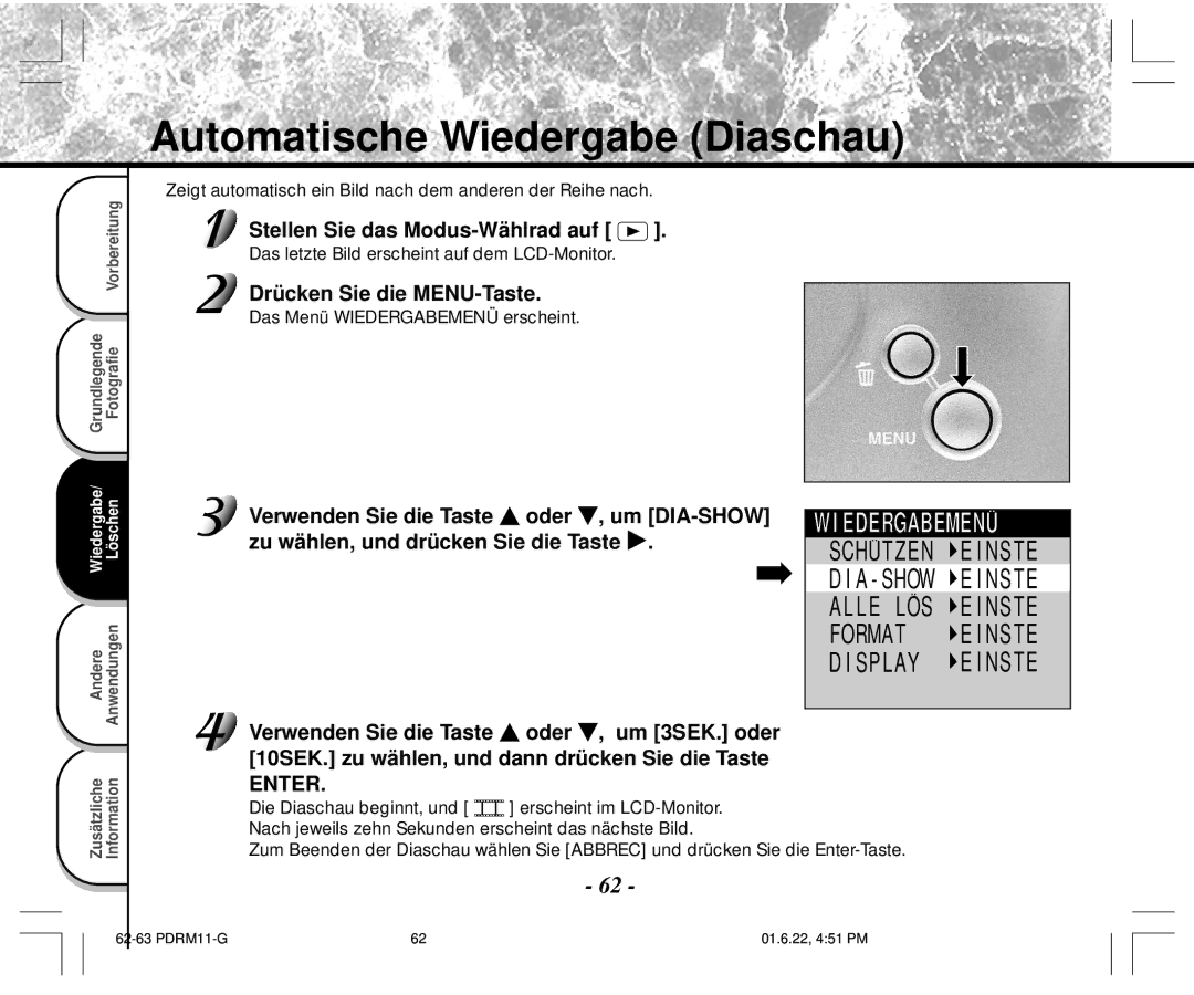 Toshiba PDR-M11 Automatische Wiedergabe Diaschau, Zeigt automatisch ein Bild nach dem anderen der Reihe nach 