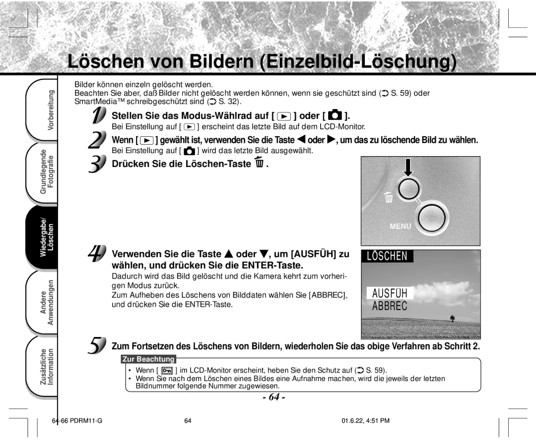 Toshiba PDR-M11 instruction manual Löschen von Bildern Einzelbild-Löschung, Stellen Sie das Modus-Wählrad auf oder 