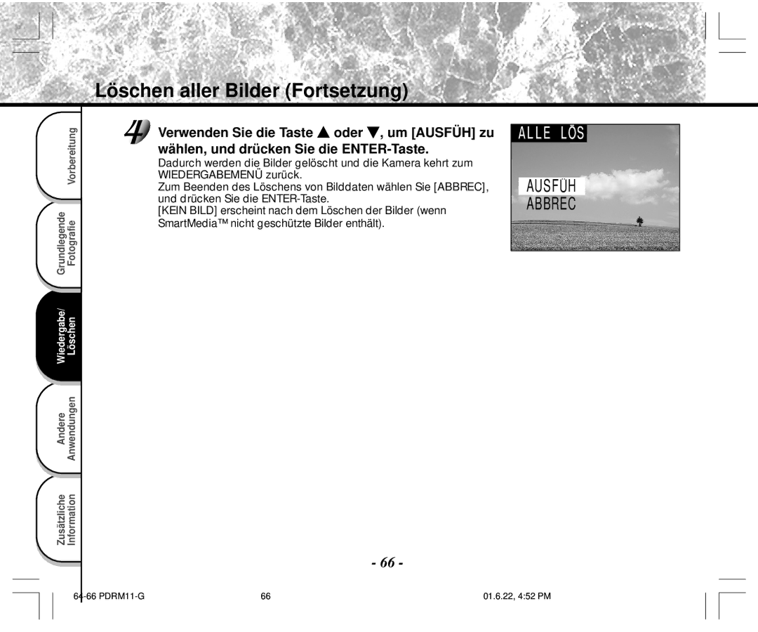 Toshiba PDR-M11 instruction manual Löschen aller Bilder Fortsetzung 