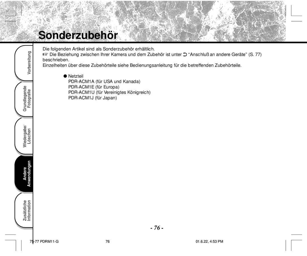 Toshiba PDR-M11 instruction manual Sonderzubehör 