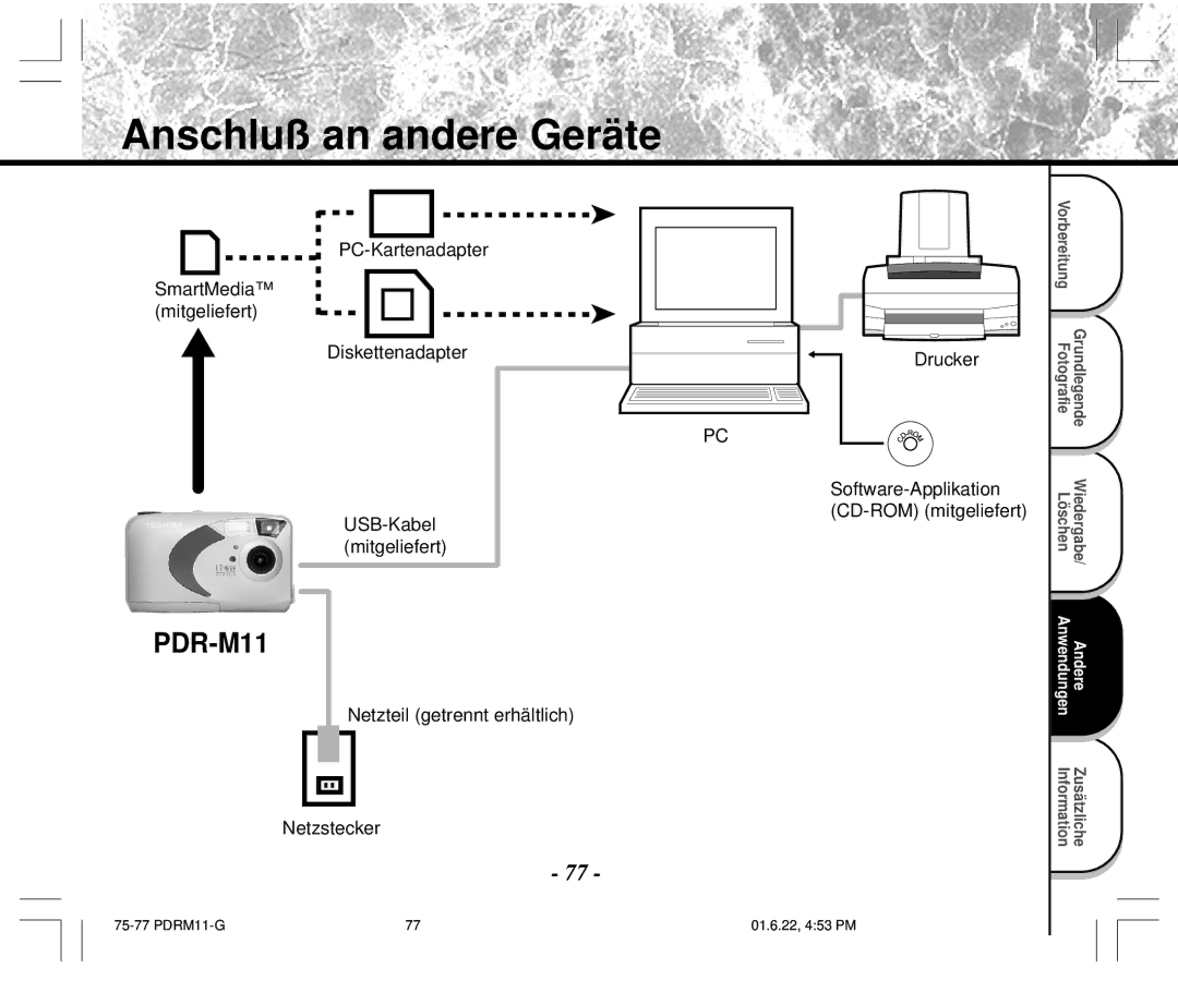 Toshiba PDR-M11 instruction manual Anschluß an andere Geräte, Drucker Software-Applikation CD-ROM mitgeliefert 