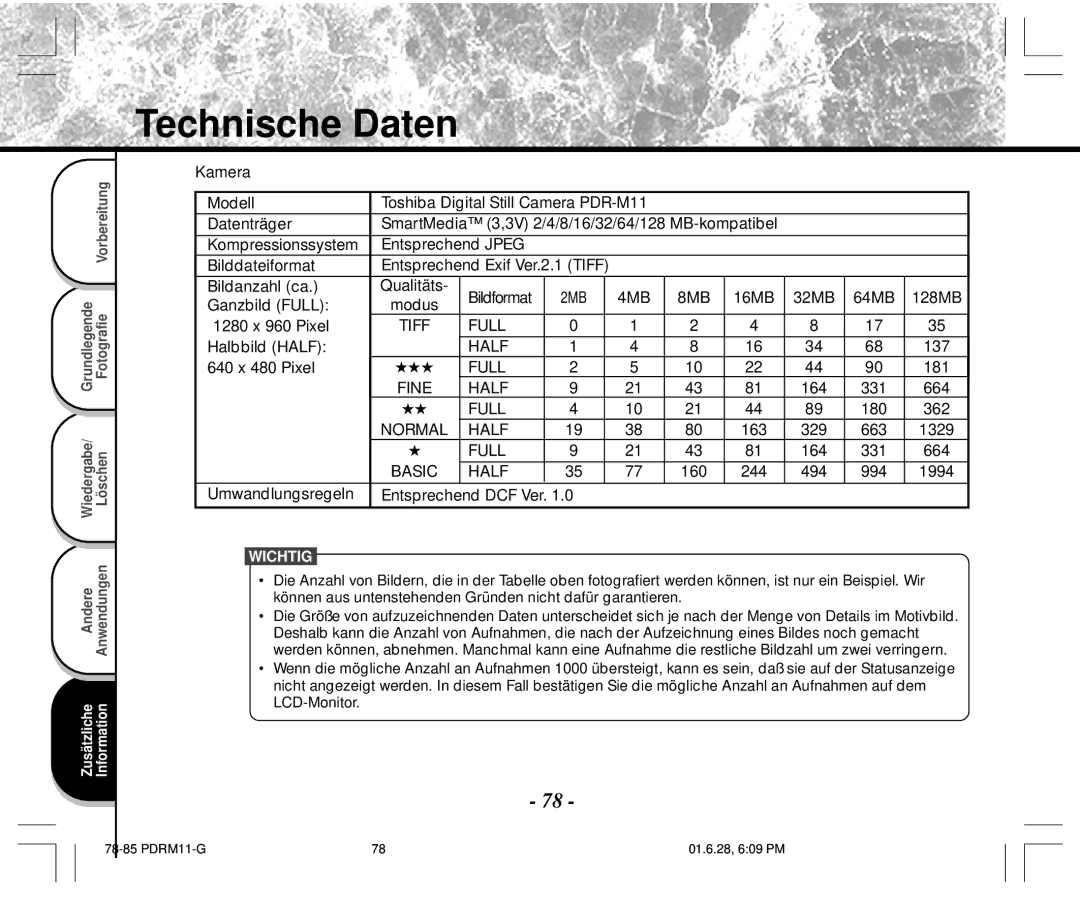 Toshiba PDR-M11 instruction manual Technische Daten 