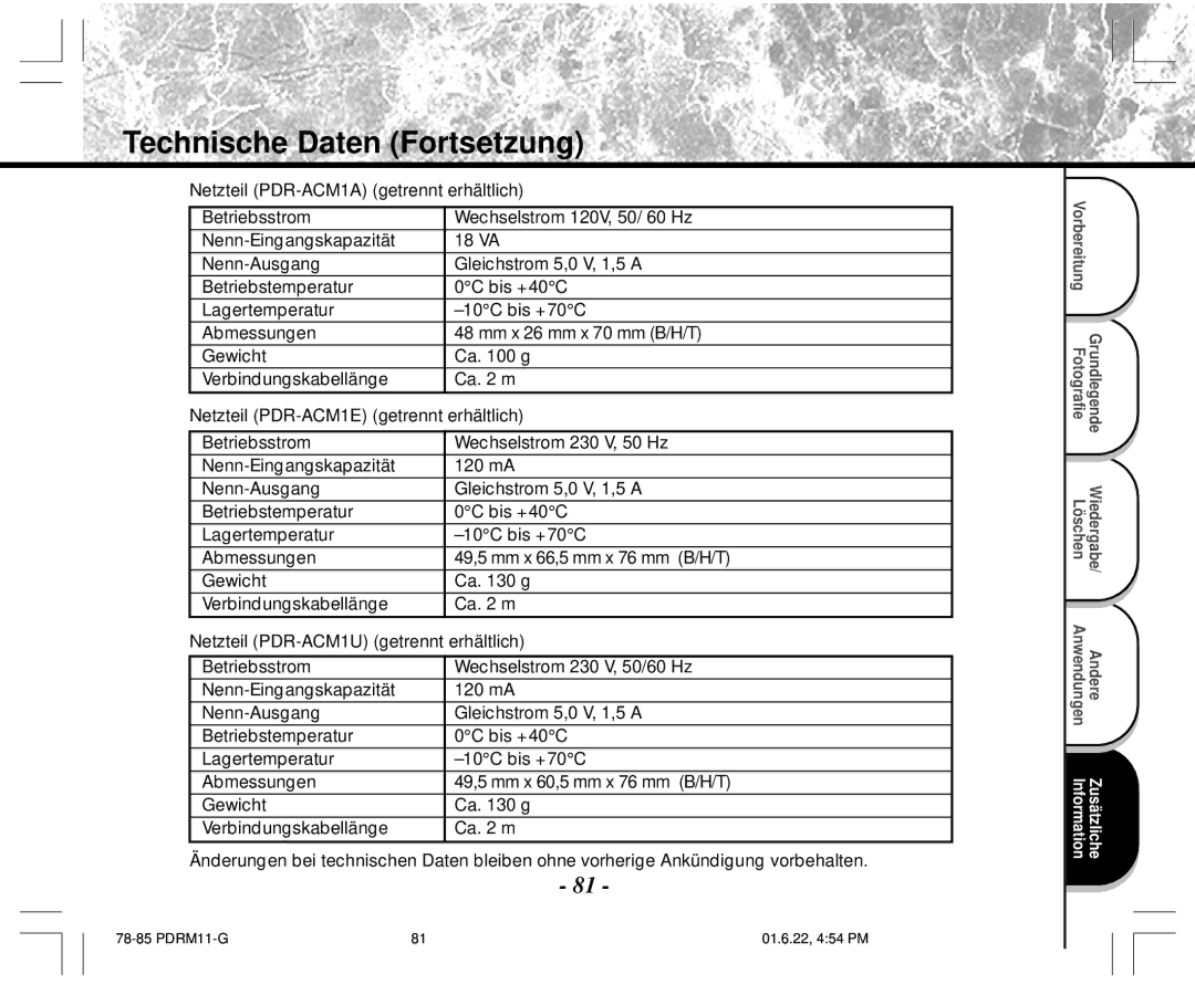 Toshiba PDR-M11 instruction manual Technische Daten Fortsetzung 