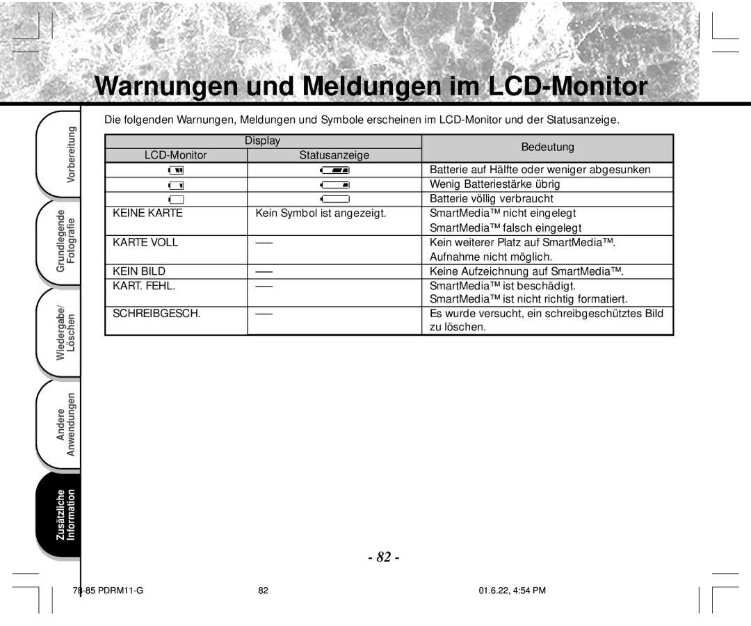 Toshiba PDR-M11 instruction manual Warnungen und Meldungen im LCD-Monitor 