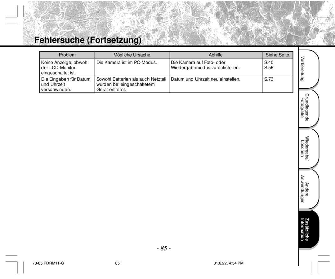 Toshiba PDR-M11 instruction manual Fehlersuche Fortsetzung 