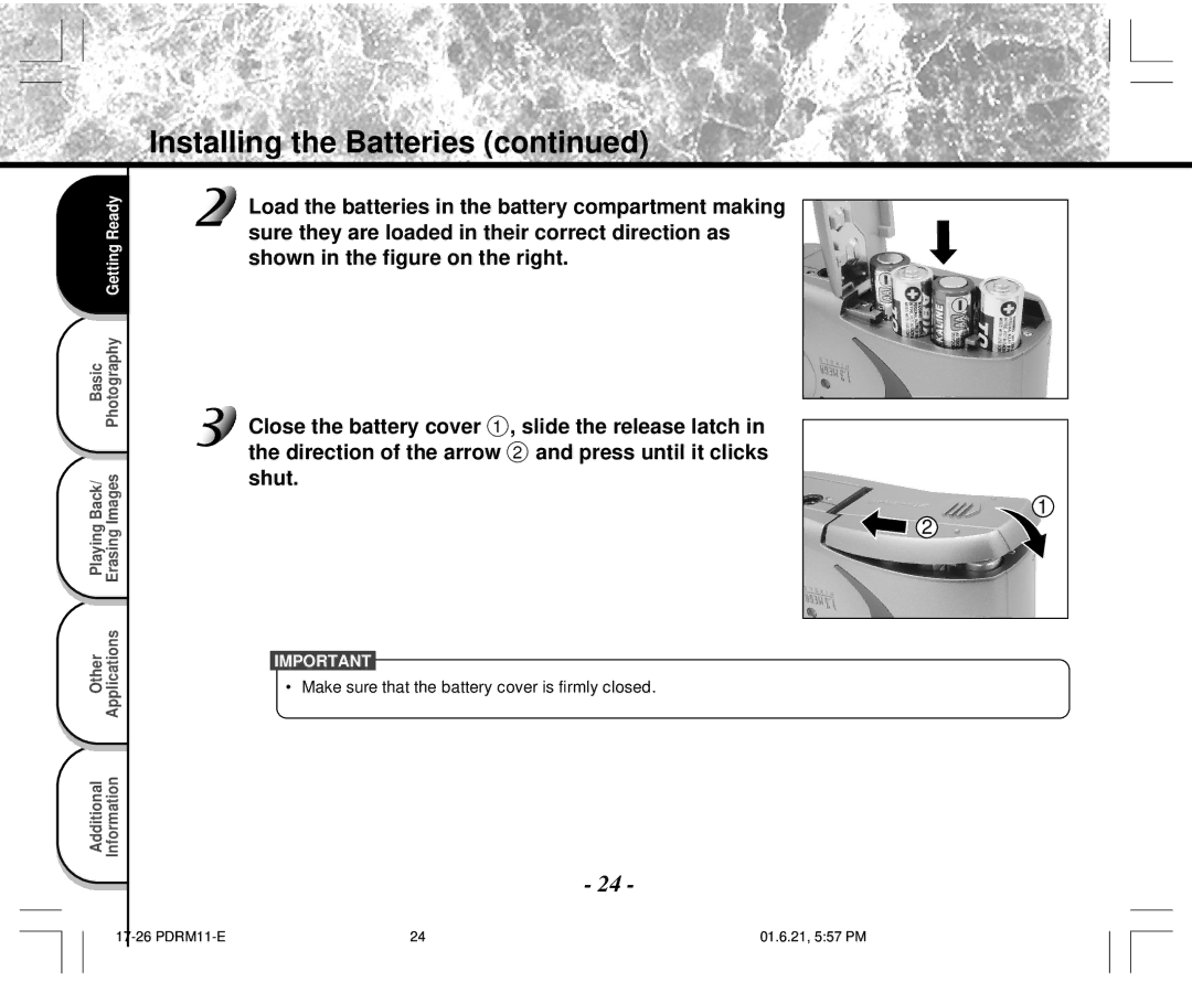 Toshiba PDR-M11 instruction manual Installing the Batteries 