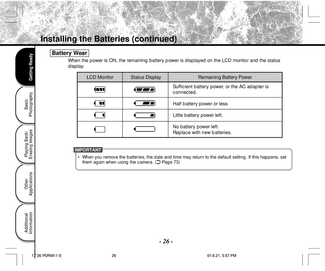 Toshiba PDR-M11 instruction manual Battery Wear 