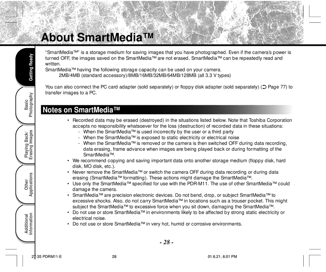 Toshiba PDR-M11 instruction manual About SmartMedia 