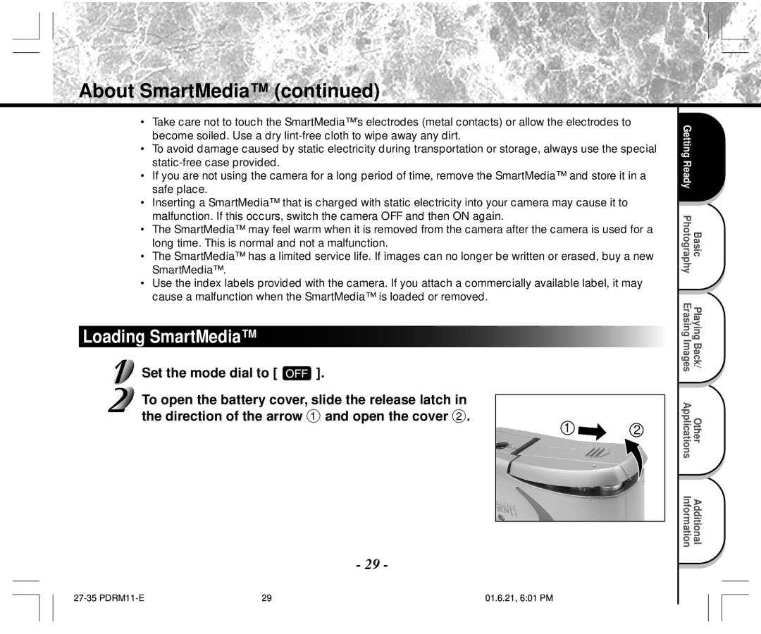 Toshiba PDR-M11 instruction manual About SmartMedia, Loading SmartMedia 