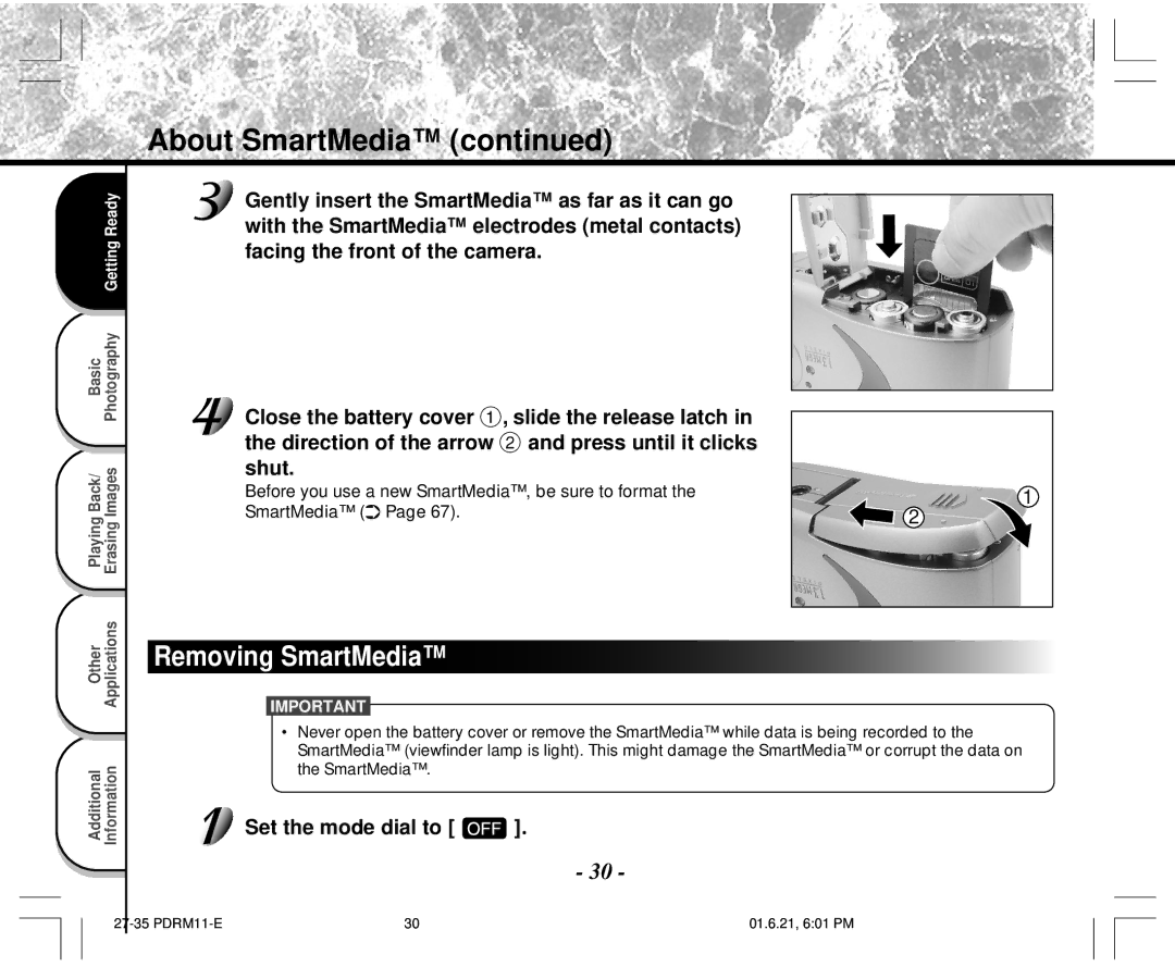 Toshiba PDR-M11 Removing SmartMedia, Set the mode dial to, Before you use a new SmartMedia, be sure to format 