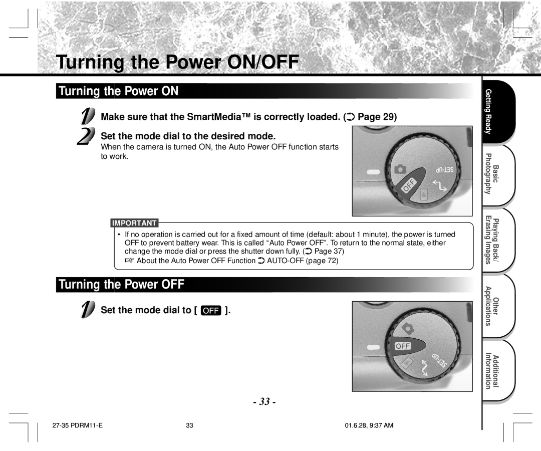 Toshiba PDR-M11 instruction manual Turning the Power ON/OFF, Turning the Power on, Turning the Power OFF 