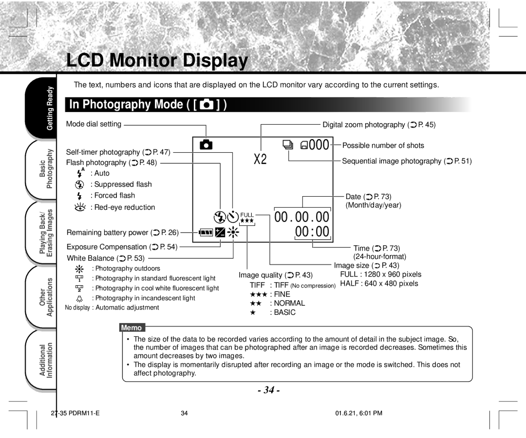 Toshiba PDR-M11 instruction manual LCD Monitor Display, Photography Mode 