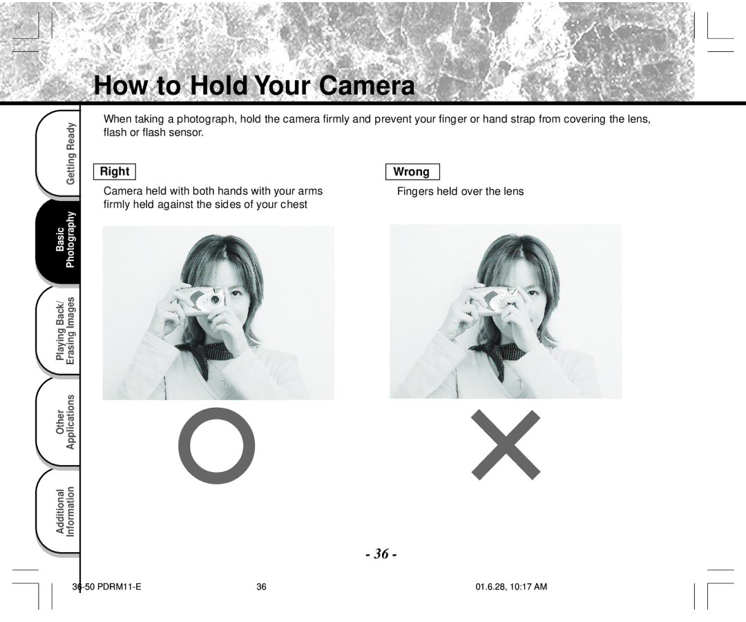 Toshiba PDR-M11 instruction manual How to Hold Your Camera, Camera held with both hands with your arms 