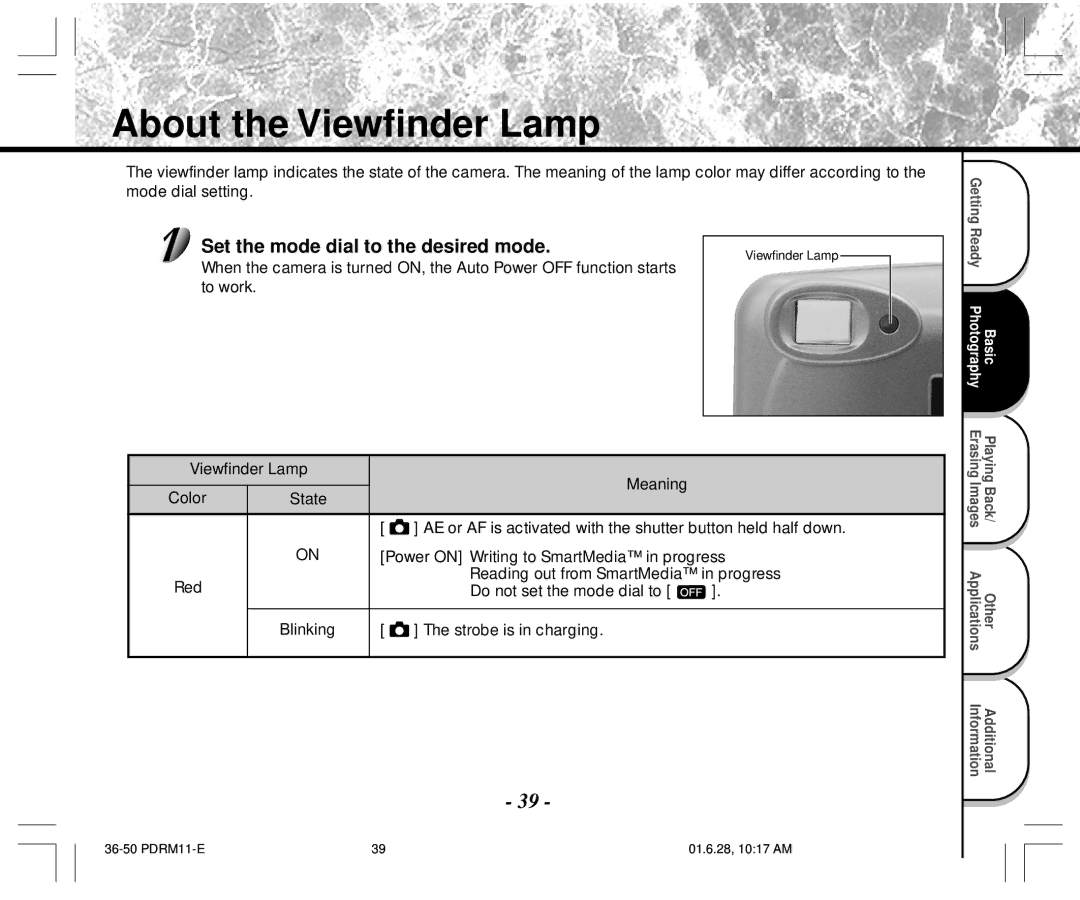 Toshiba PDR-M11 instruction manual About the Viewfinder Lamp, Strobe is in charging 