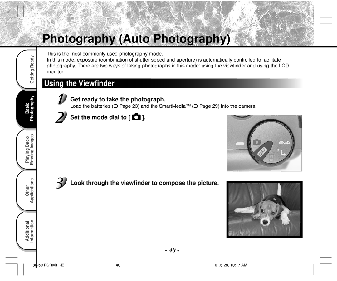 Toshiba PDR-M11 instruction manual Photography Auto Photography, Using the Viewfinder, Get ready to take the photograph 