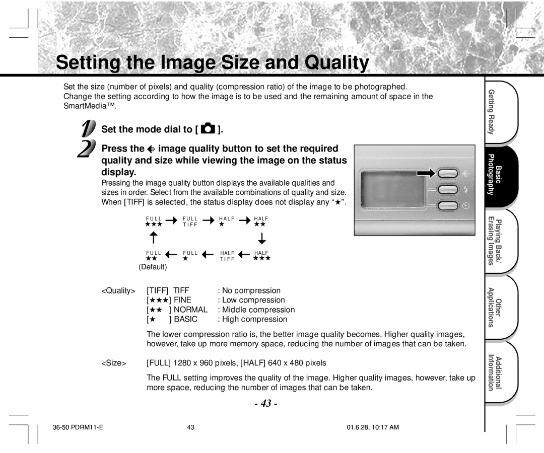 Toshiba PDR-M11 instruction manual Setting the Image Size and Quality, High compression 