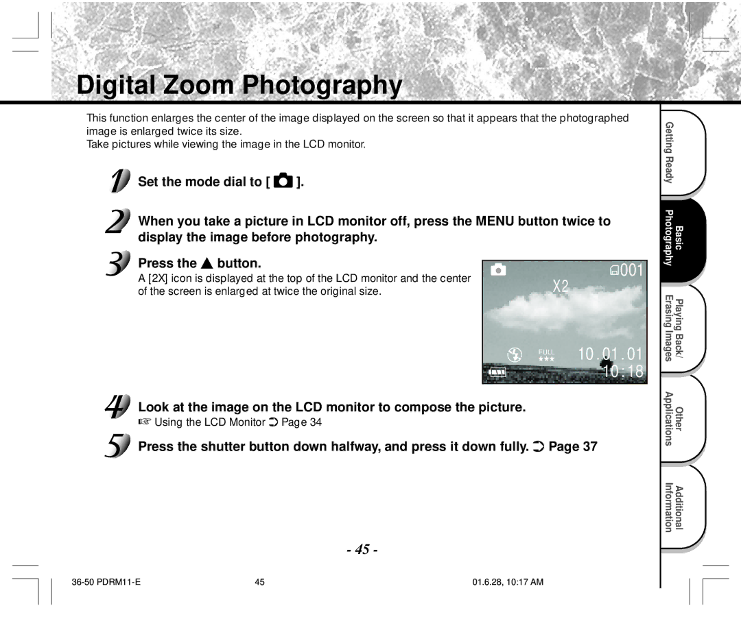 Toshiba PDR-M11 Digital Zoom Photography, Press the button, Look at the image on the LCD monitor to compose the picture 